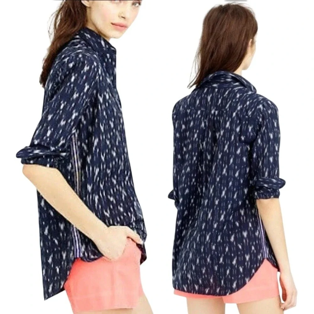 J.Crew Womens Blue Ikat Cotton Popover Shirt Side‎ Stripe C7188 Size 6